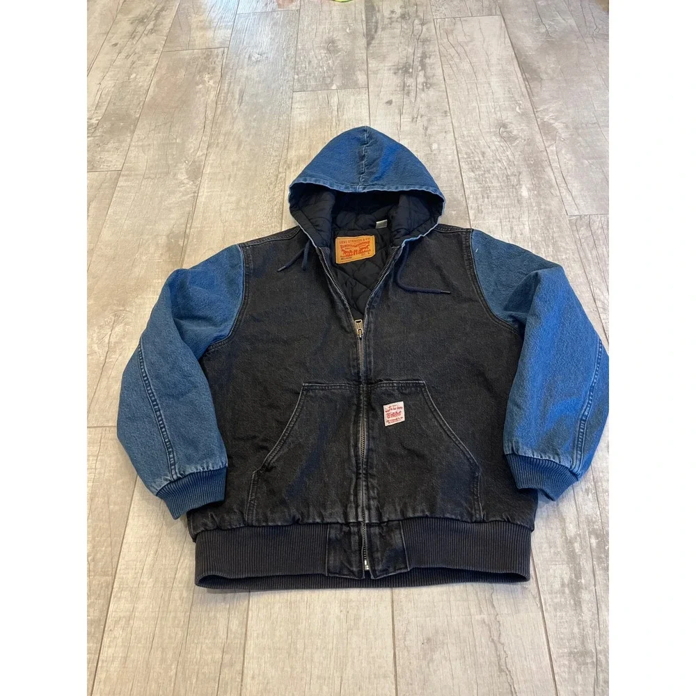 Levi Strauss & Co Mens Relaxed Denim Hooded Bomber Jacket Two Tone Black Blue S